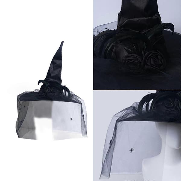 Halloween Dame Heksehat Bred Kant Spids Hat Fest Maskeradehat Med Edderkopper og Krøllet Tilbehør Sort A