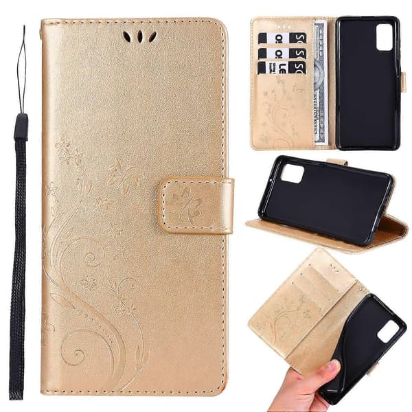 Prægede sommerfugle pung stand flip læder telefoncover til Samsung Galaxy A41 (Global Version) - (Guld)