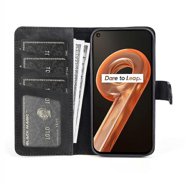 Til OPPO Realme 9i syning vandret flip læder telefonetui sort