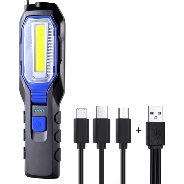 Uppladdningsbar bärbar LED-arbetslampa, kraftfull uppladdningsbar LED-arbetslampa, USB magnetlampa, 2800mAh COB-batteri, krok och 3-i-1 laddningskabel