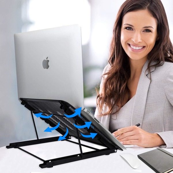 Laptopstativ Ventilert flervinklet notebookstativ Sammenleggbar nettbrettholder i rustfritt stål for MacBook Air Pro Lenovo Dell Black