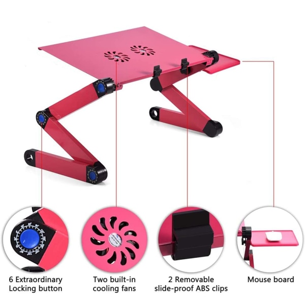 Justerbar bærbar PC-stativ f Sammenleggbart bærbar PC-stativ for seng med 2 CPU-kjølevifter og musematte