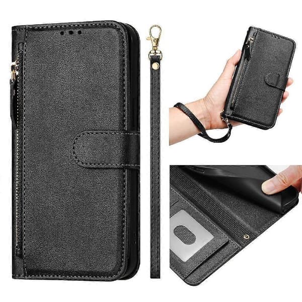 Flip-etui til Honor 90 Pro 5G PU-læder magnetisk lynlås kortholder sort