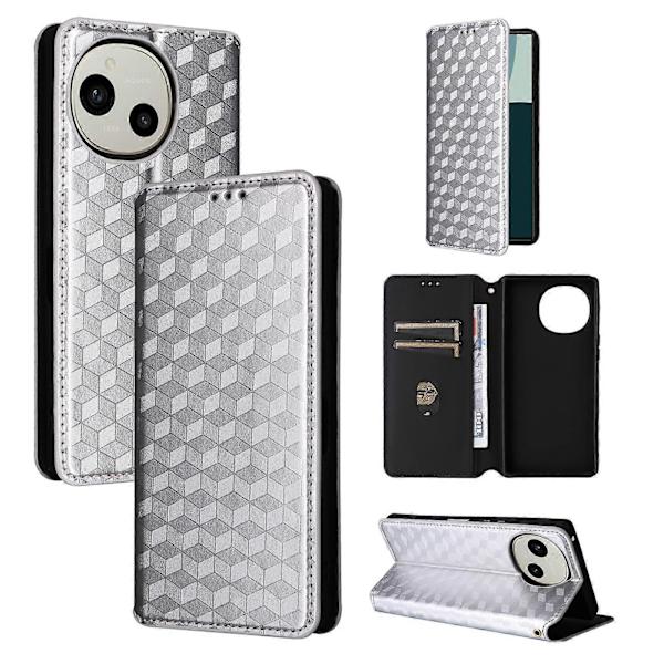 Cubic Grid Texture Flip Leather Phone Case (sølv, for Sharp Aquos R10 / R9)