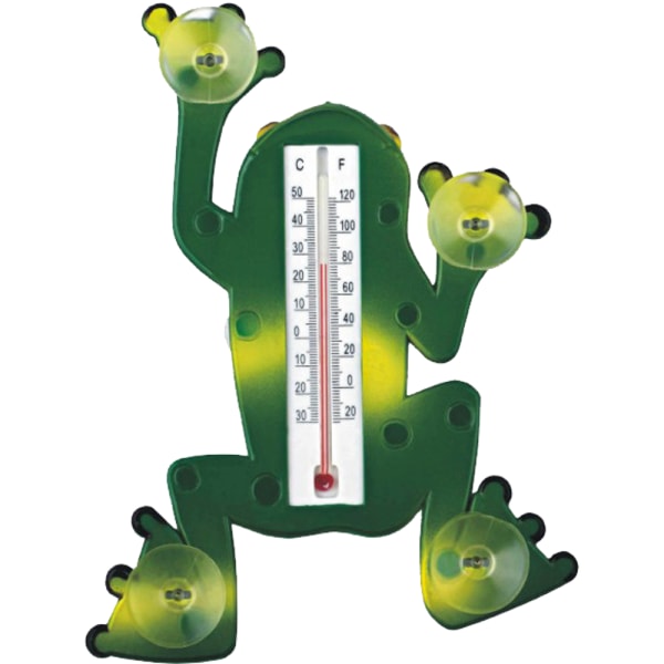 Tecknad groda suger termometer inomhus och utomhus termometer