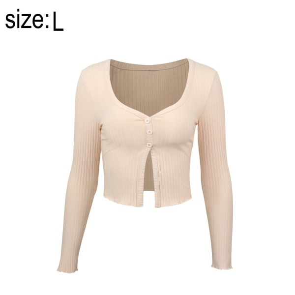 Button Front V Neck Long Sleeve Knit Crop T-Shirt Tee