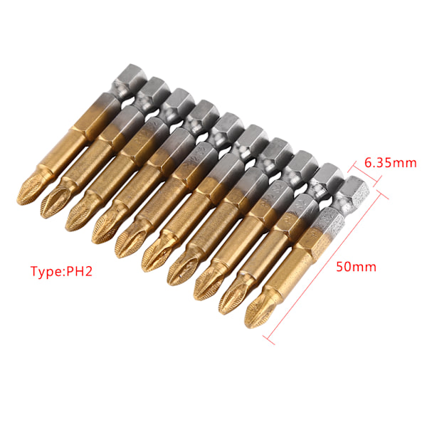 10 stk PH2 kryssskrutrekkerbitssett Antislipp 1/4 tommers sekskant skaft 50 mm