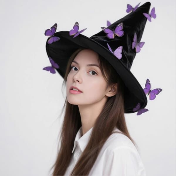 Halloween heksehatt med sommerfugldesign og vridd brem A