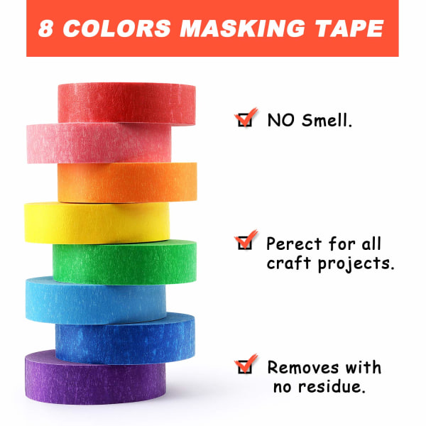 8 Ruller Farget Maskeringstape Rainbow Colors Painters Tape Colorf