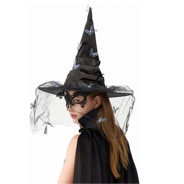 Heksehat med netgarn og sommerfugledesign til Halloween A