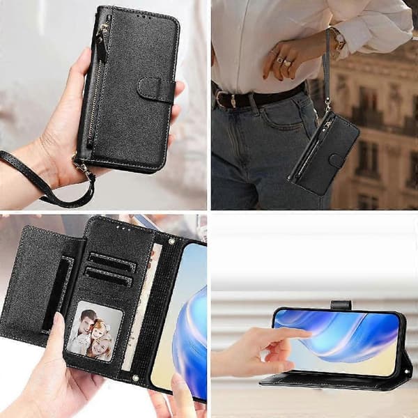 Flip-etui til HMD Pulse Plus kortholder lynlås PU-læder magnetisk sort