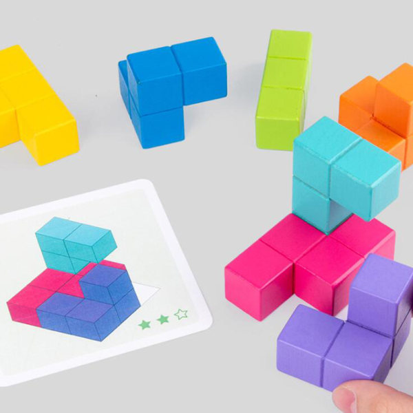 Hjärnteaser i trä, 3D Tetris Tangram-pussel med 7 färgglada kuber Pusselspel för vuxna barn