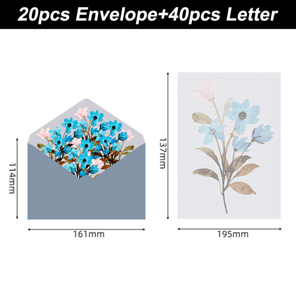 Sæt med brevpapir og konvolutter, blomsterdesign 40 brevpapir