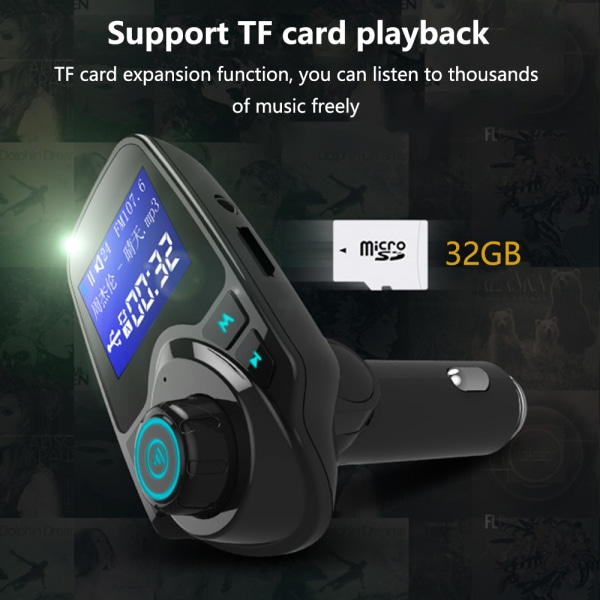 Bluetooth FM-sender for bil, trådløs Bluetooth-biladapter med håndfri oppringing og 1,44" LCD-skjerm, støtte for musikkspiller TF-kort USB-blits