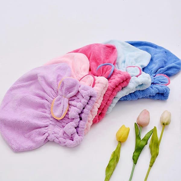 Hårhandduk med rosett i korallfleece, elastisk duschmössa (rosaröd) A