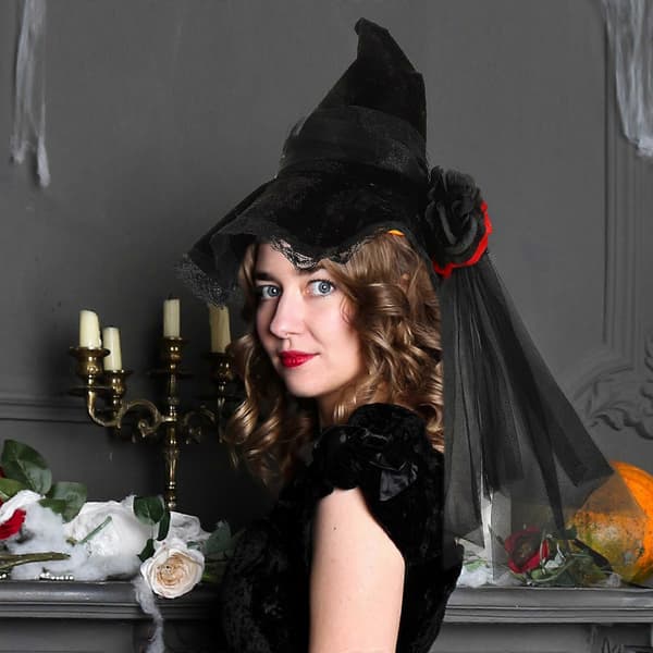 Halloween heksehue cosplay-hat med gazeslør til dekoration A