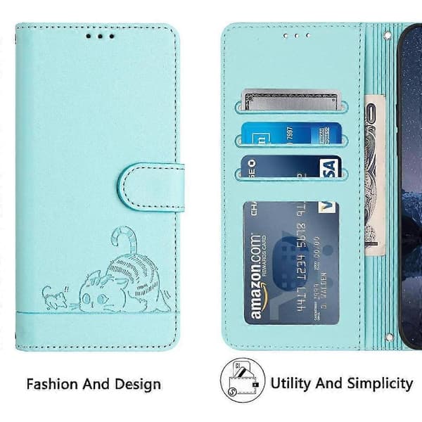 Etui til iPhone 15 Plus kortholder støtteben kat RFID pung flip cover grøn