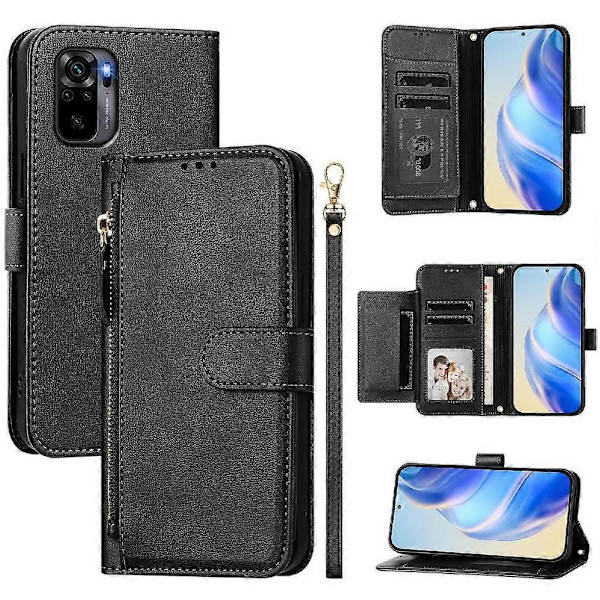 Flip-etui til Xiaomi POCO M5S 4G kortholder lynlås PU-læder magnetisk sort