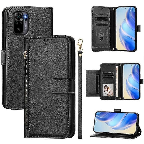 Flipfodral för Xiaomi POCO M5S 4G korthållare dragkedja PU-läder magnetisk svart