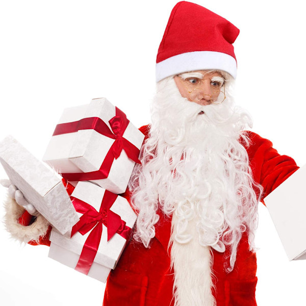 Deluxe Vit Tomtedräkt: Unik Frisyr För Jul, Cosplay &amp; Halloweenfester, Vit Tomtedräkt Med Lockigt Skägg &amp; Perukset För En