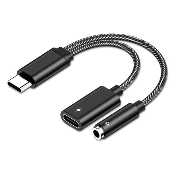 USB C hodetelefonadapter og lading, 2-i-1 USB C til pluggadapter støtter 60W hurtiglading, USB C 3,5 mm Aux Jack-adapter for Samsung A53 A33 S22