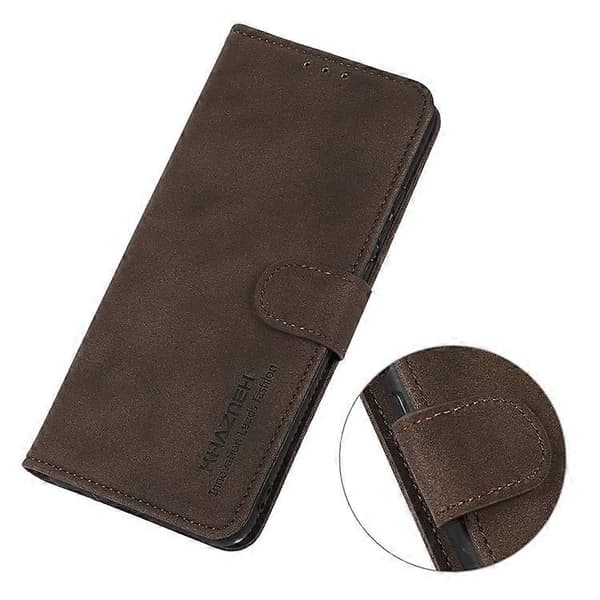 KHAZNEH Kompatibel med iPhone 16 Fodral Textur PU Läder Vikbart Stativ Telefonfodral Brun