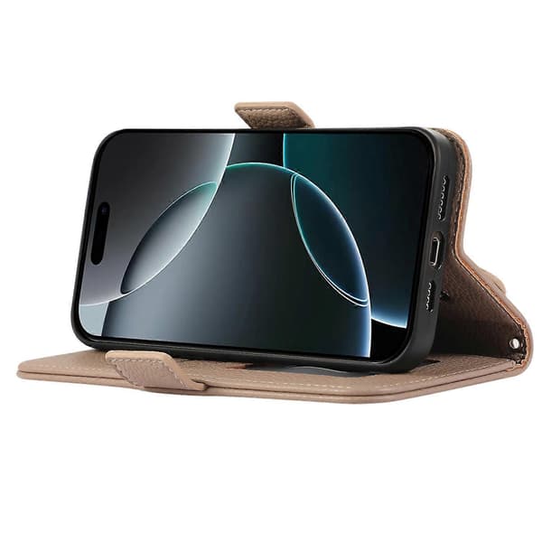 För iPhone 14 Pro läderfodral med korthållare, remmar, stötsäkert plånboksfodral - Khaki A