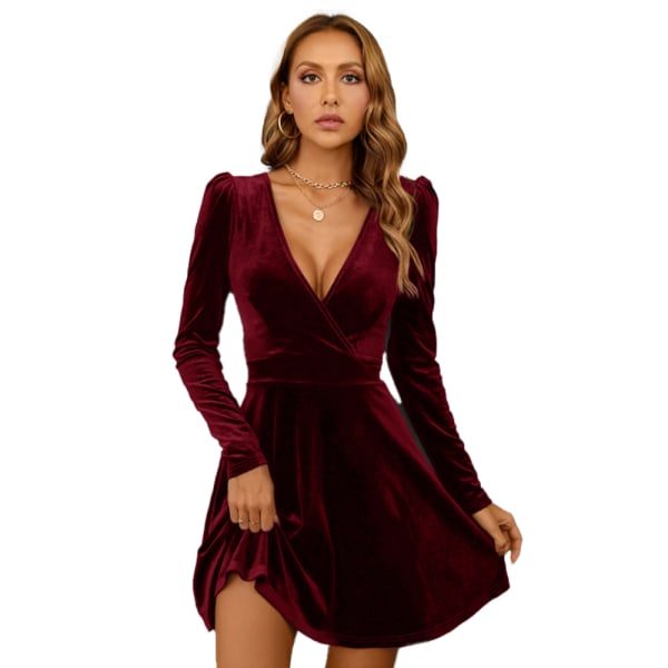 Womens Wrap V Neck  Flare Skater Mini Dress - claret