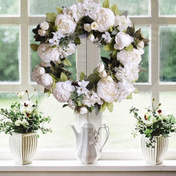 Pæon Hortensia Krans, Silke Hvid Pæon Hortensia Kunstig