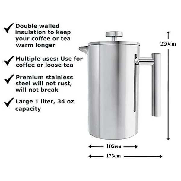 Lätt att rengöra Franskpress, Kaffebryggare i rostfritt stål med spegelfinish, 1 liter (34 oz) Dubbelisolerad för immersionsbryggning, Living Franskpress med