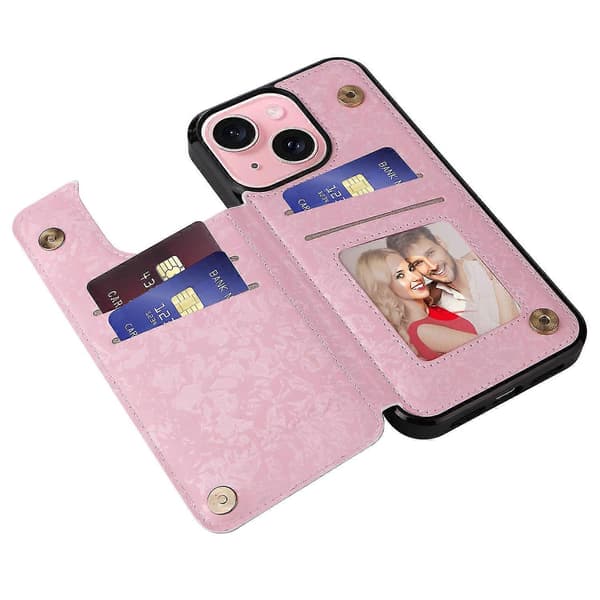 För iPhone 15 Plus Fodral Lackerad Blomma PU Läder + TPU Korthållare Telefonfodral A