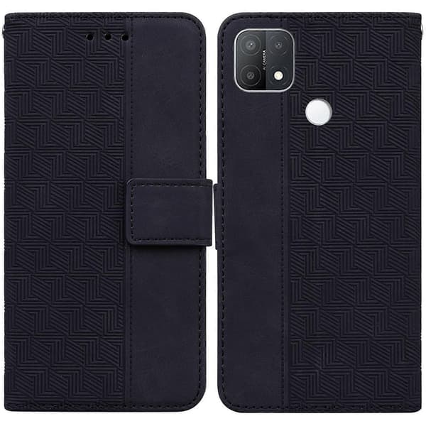 Til OPPO A15 / A15s Geometrisk præget lædertelefonetui Sort