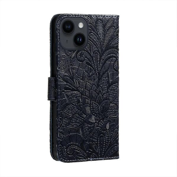 För iPhone 14 / 13 Spetsblomma Prägling Flip Läder Telefonfodral