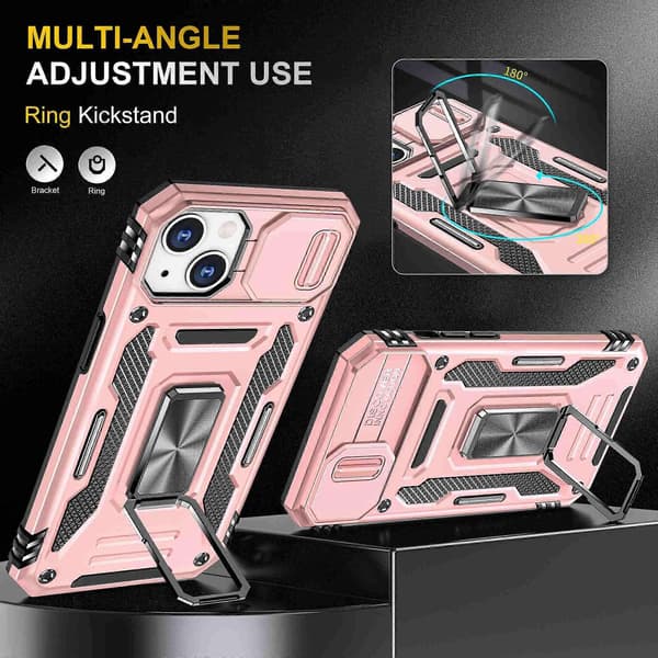 Støtsikkert telefondeksel til iPhone 14 Plus, PC + TPU ringstativ mobiltelefondeksel med skyvekamera A