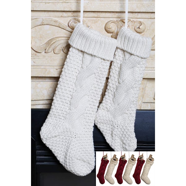 Klassisk Jul på Landet, Mysiga Kabelstickade Julstrumpor, 45 cm Handgjorda, Vinröd & Elfenben, 6-pack, Slitstarkt Ullgarn, Perfekt för Små Presenter,