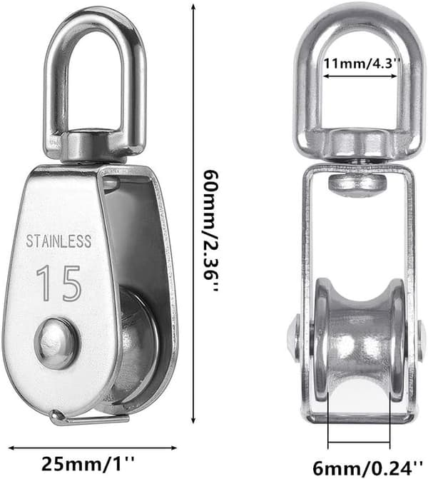 Enkelt remskive til kabel 15MM rustfrit stål, klatreremskive, løfteremskive kapacitet 35kg - 4 stk sølv