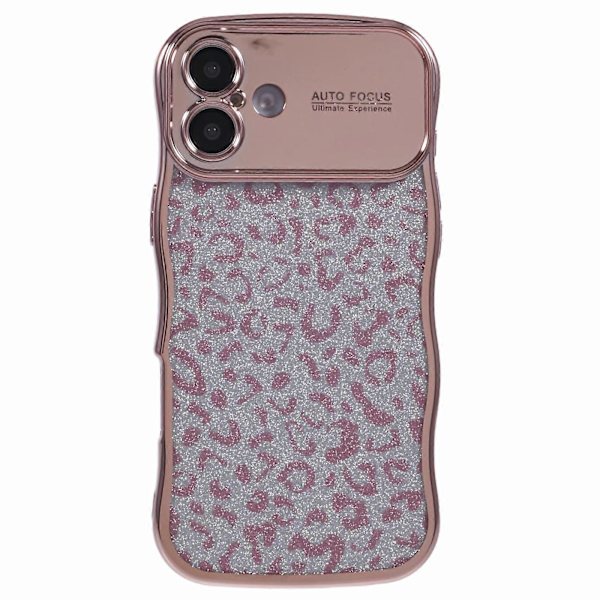 För iPhone 16 Skal Lockig Ram TPU Mobilskal Leopardmönster Glitter A