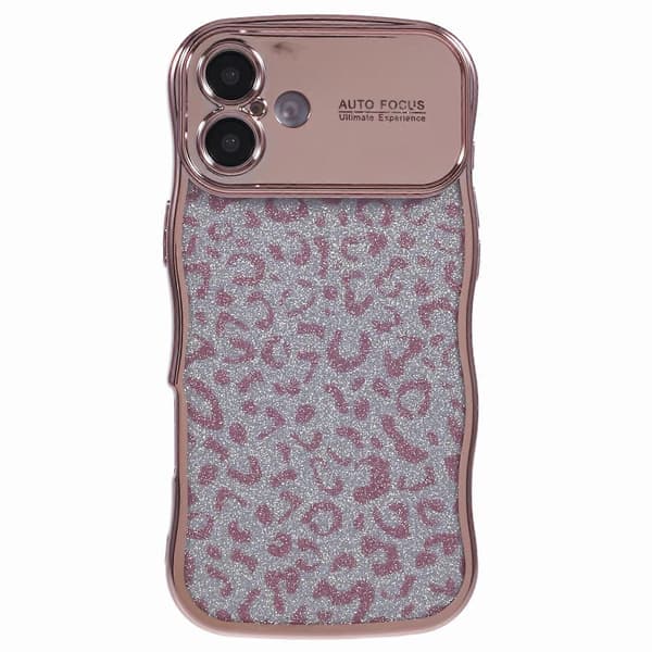 Til iPhone 16 etui krøllet ramme TPU telefoncover leopardprint glitter A