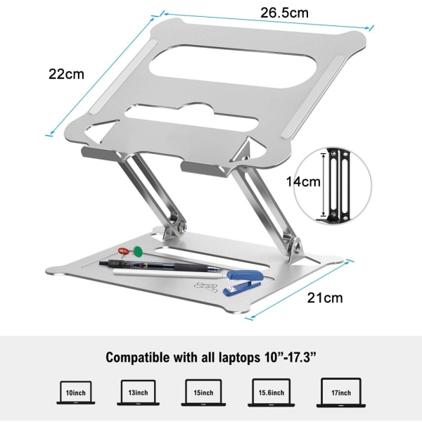 Justerbar bærbar stativ, ergonomisk bærbar computerstativ med varmeudluftning for at hæve bærbar computer Silver