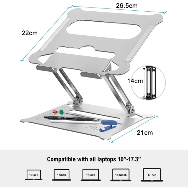 Säädettävä kannettavan tietokoneen jalusta, ergonominen kannettava tietokoneteline lämpötuulettimella kannettavan tietokoneen nostamiseksi Silver
