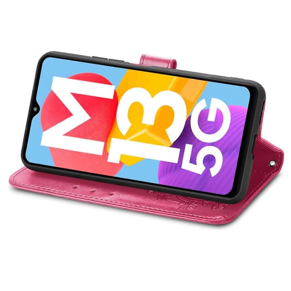 Til Samsung Galaxy M13 5G Firekløverlås Præget Spænde Læder Telefoncover