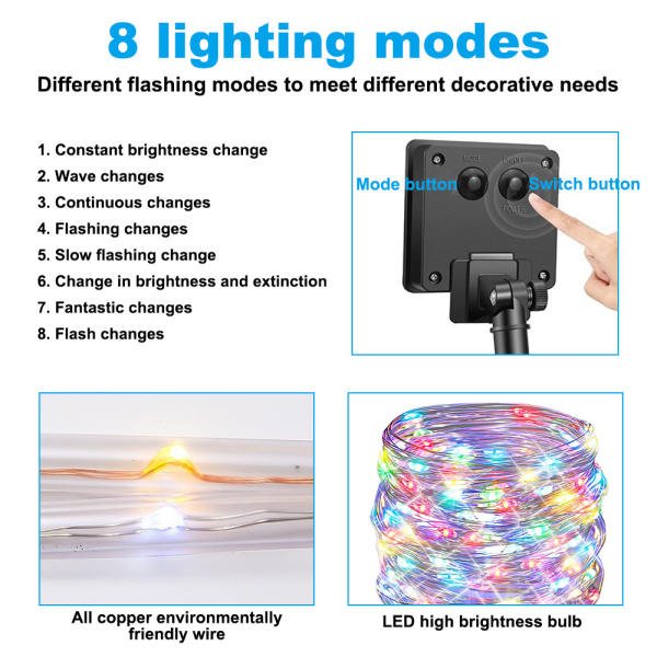 12m LED-lyssnor med stjernelys, utendørs, vanntett, solcelledrevet