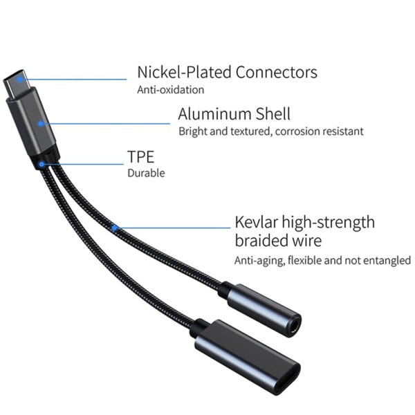 USB C til 3,5 mm hodetelefon- og ladeadapter, 2 i 1 USB C PD
