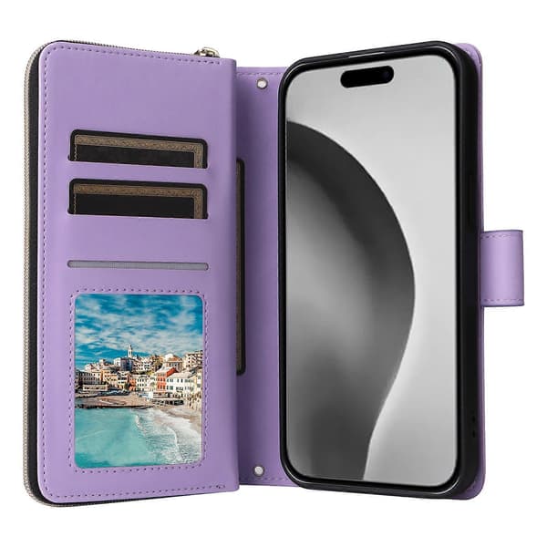 Til iPhone 16 Pro etui lynlås pung PU læder rombe telefoncover med 2 stropper A