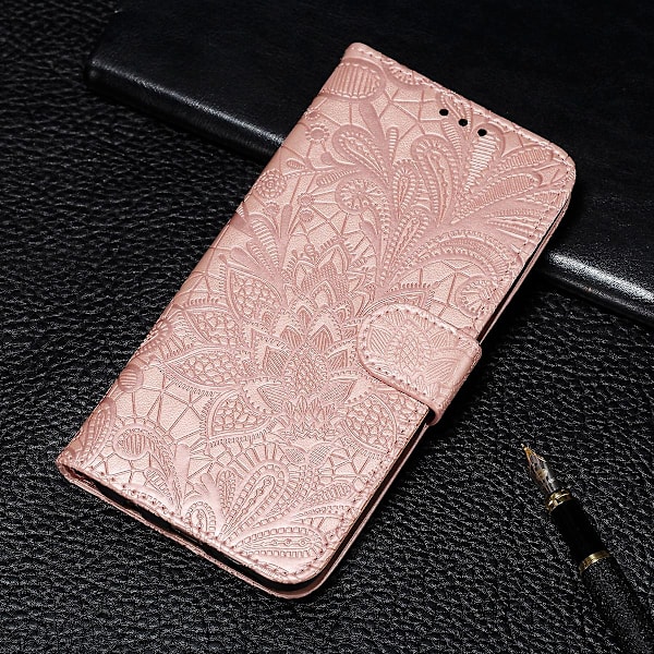 För Xiaomi Redmi Note 10 Pro Spetsblomma Läderfodral Roséguld