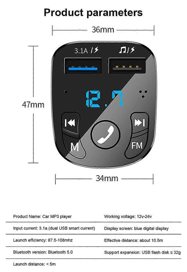 Bluetooth 5.0 Trådløs Bil FM-sender MP3-spiller Radio 2 USB-laderadapter