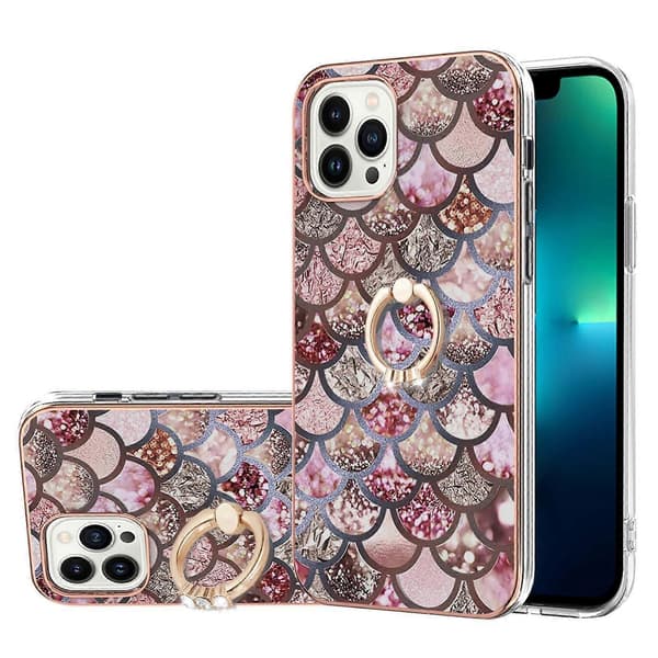 Til iPhone 16 Pro Galvaniseringsmønster IMD TPU Stødsikkert Cover med Rhinestone Ringholder