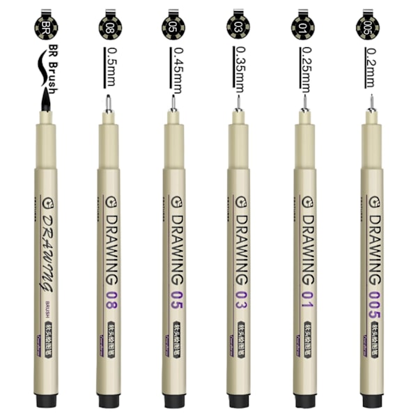 Svart Fineliners Pennset, 6 st Micron Fineliner Pennor Svart, Ritpennor 6 Olika Linjebredder för Skissning, Illustration, Manga, Scrapbooking