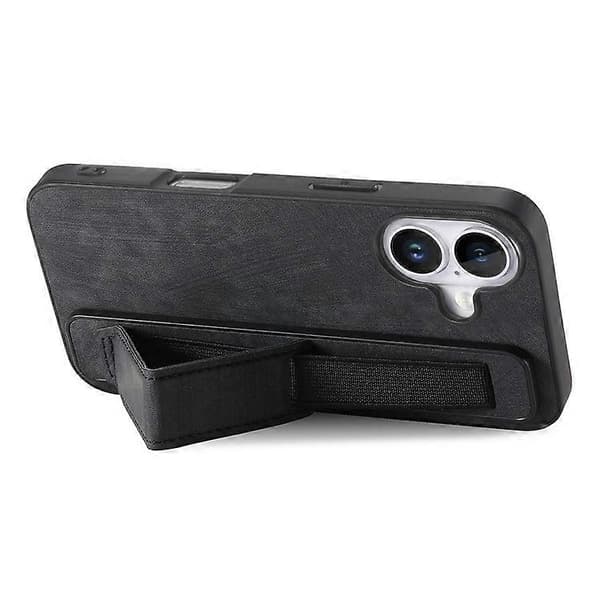 D11 Kompatibel med iPhone 16 Plus etui armbånd læder + TPU telefoncover sort