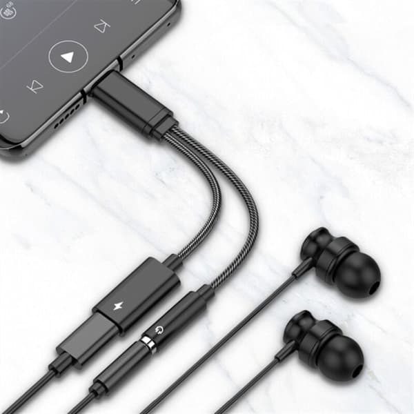 USB C hodetelefonadapter og lading, 2-i-1 USB C til pluggadapter støtter 60W hurtiglading, USB C 3,5 mm Aux Jack-adapter for Samsung A53 A33 S22